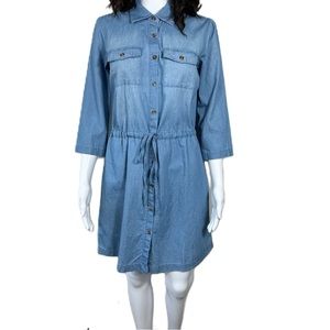 G. kale Denim Jean Womens Dress 3/4 Sleeve Waist Belt Button Down Shirt Dress PS